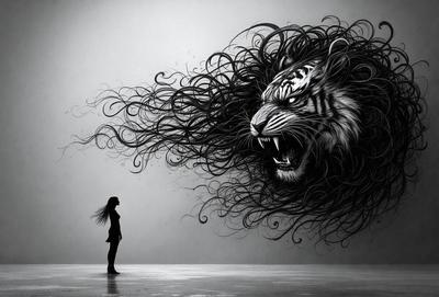 The primary subject of the image is a woman standing in front of a large, black and white tiger. The setting is a dark room, and the visual style appears to be a combination of a photo and a drawing. The woman is positioned in the foreground, while the tiger is in the background, creating a dramatic and intense scene. The colors in the image are predominantly black and white, giving the scene a moody and intense atmosphere.